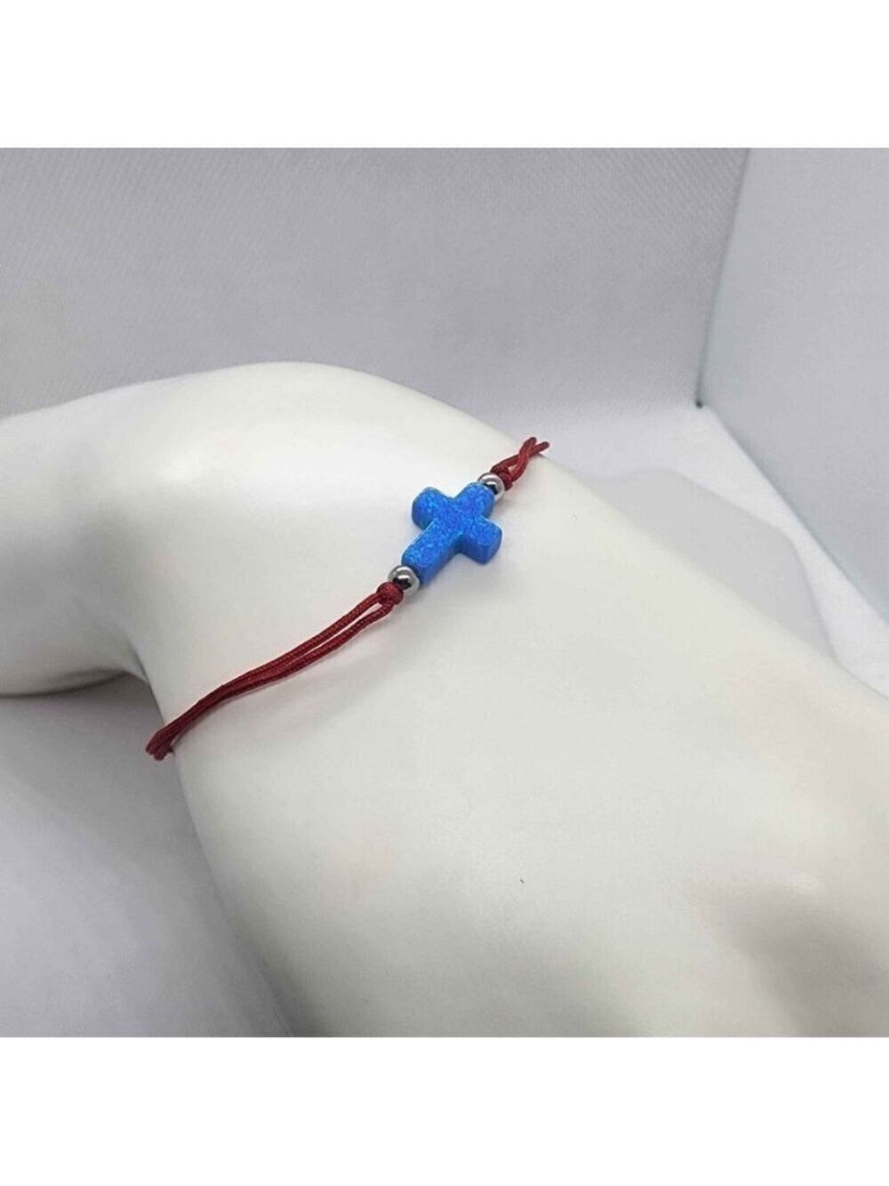 Fire Blue Opal Cross on Red Adjustable String Bracelet